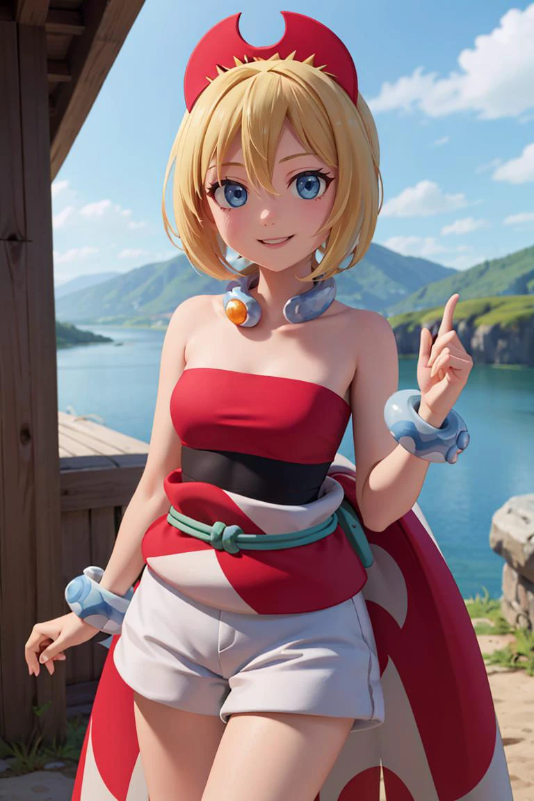 ((masterpiece,best quality)), absurdres, <lora:irida_(pokemon)_v1:0.7>, aairida, short hair, red hairband, neck ring, collar, strapless shirt, red shirt, bracelet, sash, waist cape, white shorts, bare legs, solo, smiling, looking at viewer, cowboy shot, ,
