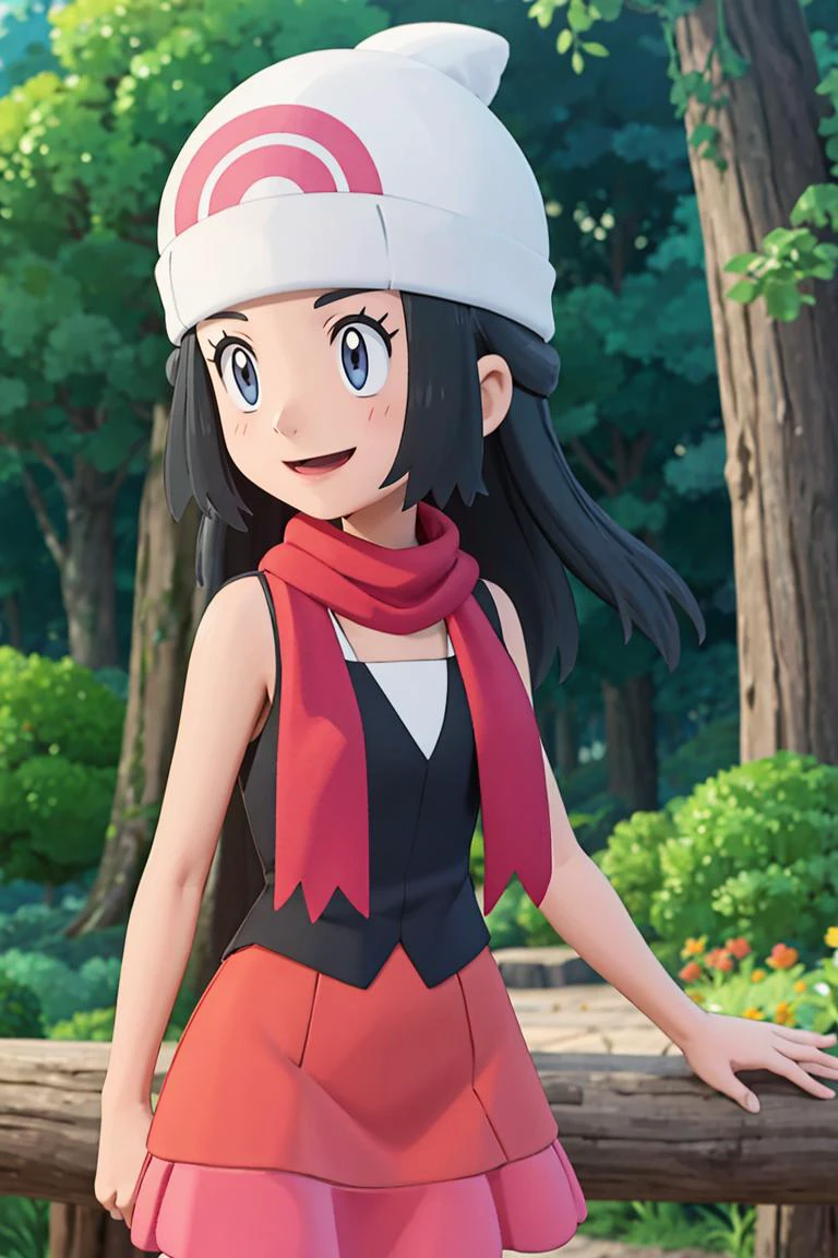 <lora:Alola_Style:0.5>,((masterpiece, best quality)), <lora:DawnLora:0.7>, dawn \(pokemon\), black shirt, sleeveless, red scarf, pink skirt, white headwear, beanie, smile, forest, pine tree,