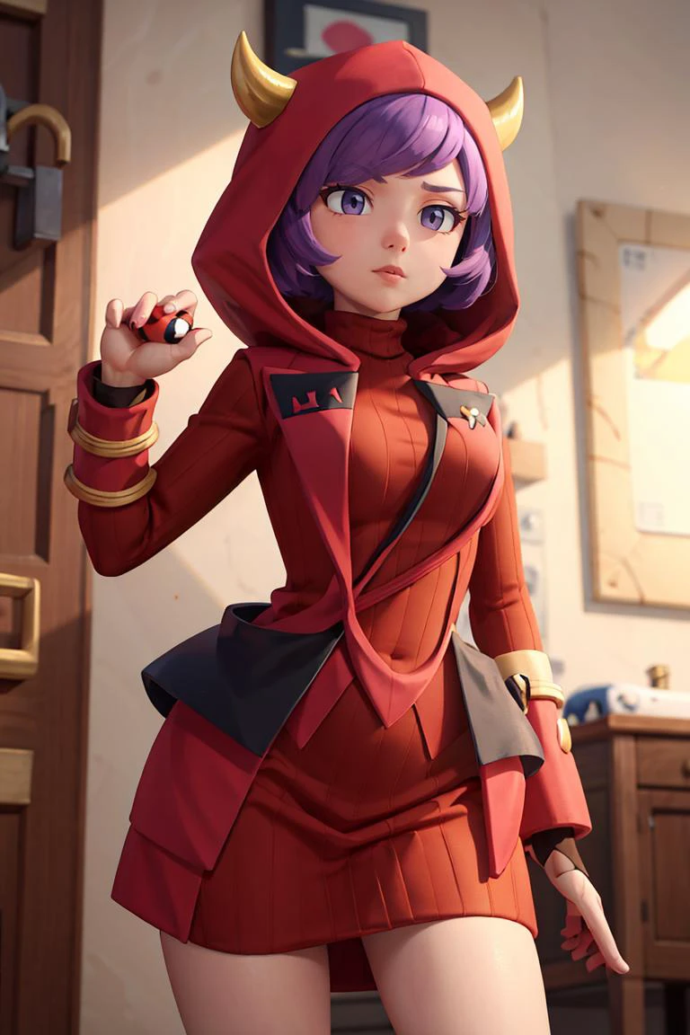 ((masterpiece, best quality)), <lora:CourtneyLora-10:0.7>, courtney \(pokemon\), sweater dress, ribbed dress, hood, fake horns, uniform,