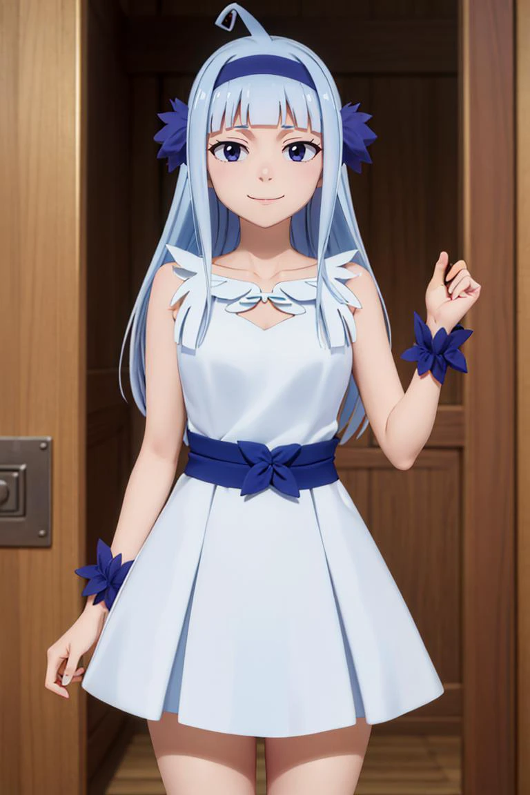 ((masterpiece,best quality)), absurdres, <lora:fairy tail angel-lora-nochekaiser:0.7>, fairy tail angel, white dress, long hair, bangs, blue hair, hairband, blue hairband, ahoge, solo, smiling, looking at viewer, cowboy shot,