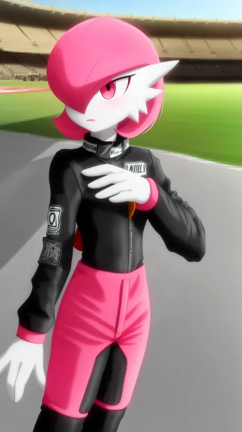 race track,outdoors,raod,stadium,(depth of field:0.65),masterpiece,best_quality,female focus,game freak,pokemon \(creature\),pokemon\game\,<lora:gardevoir_V2:1>,multicolored skin,short hair,gardevoir,flat chest,1girl,solo,(pink hair),nintendo,pokemon,bangs,colored skin,gen 3 pokemon,hair over one eye,two-tone skin,white skin,(gardevoir wearing a black and pink racing suit:1.2),