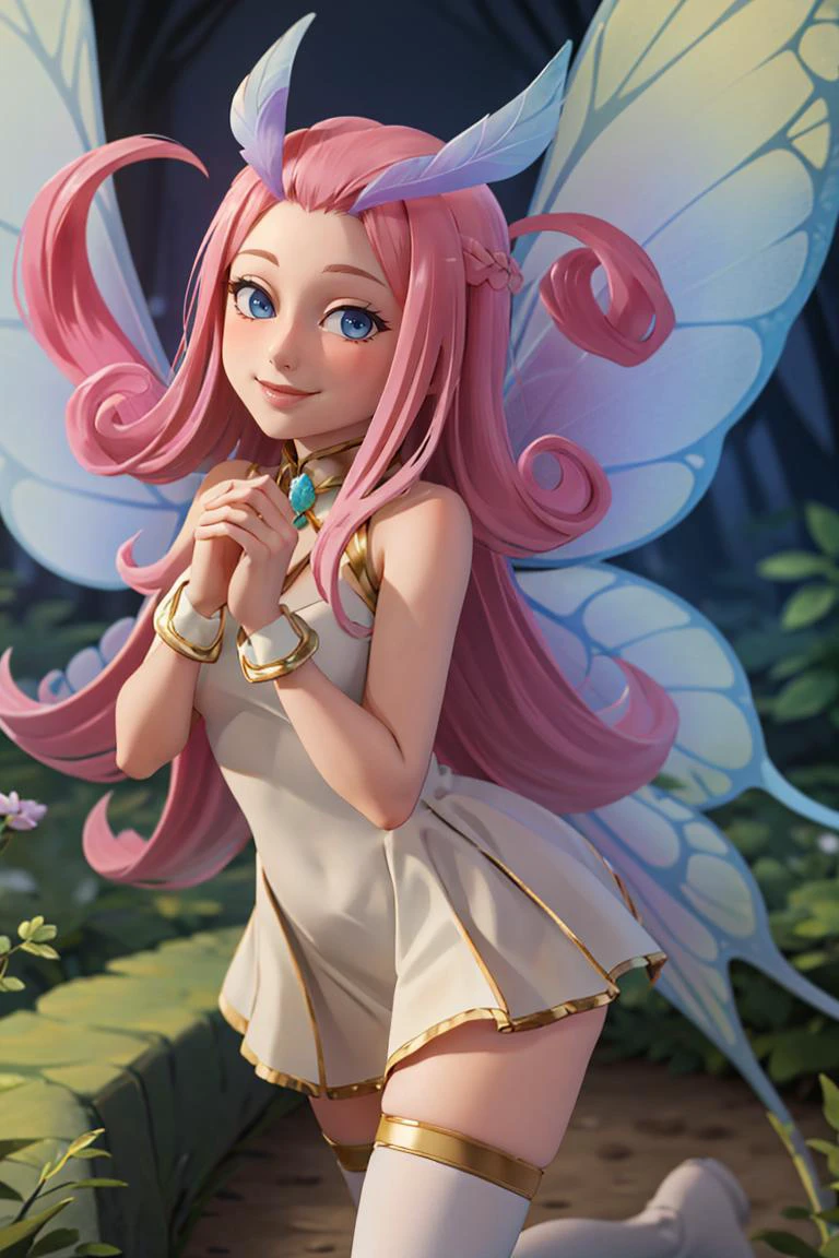 ((masterpiece,best quality)), absurdres, <lora:Tasi_AFK_Anime:0.8>, Tasi_AFK, long pink hair, fairy, fairy wings, dress, thighhighs, side view, solo, smiling, looking at viewer, cowboy shot, , ,