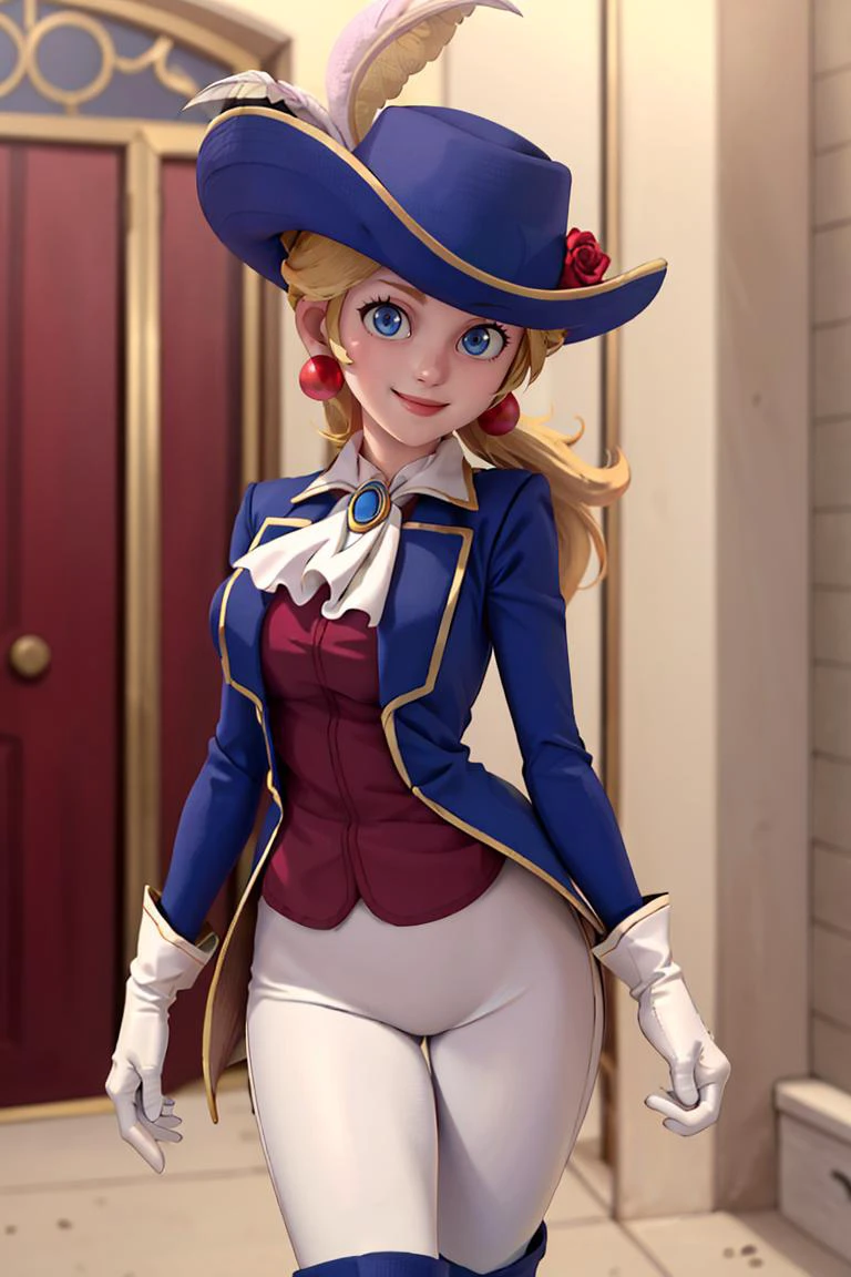 ((masterpiece,best quality)), absurdres, <lora:Princess_Peach_Nintendo:0.8>, Swordfighter_Peach, solo, 1girl, hat, blonde hair, blue eyes, jewelry, earrings, long hair, rapier, hat feather, pants, ascot, red rose, hat flower, ponytail, white pants, white gloves, boots, blue jacket, long sleeves, smiling, looking at viewer, cowboy shot,