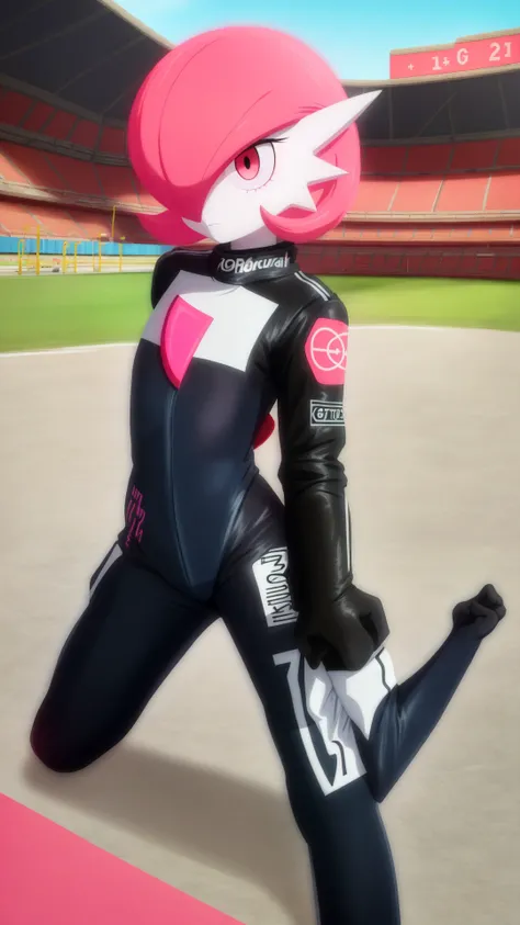 race track,outdoors,raod,stadium,(depth of field:0.65),masterpiece,best_quality,female focus,game freak,pokemon \(creature\),pokemon\game\,<lora:gardevoir_V2:1>,multicolored skin,short hair,gardevoir,flat chest,1girl,solo,(pink hair),nintendo,pokemon,bangs,colored skin,gen 3 pokemon,hair over one eye,two-tone skin,white skin,(gardevoir wearing a black and pink racing suit:1.2),