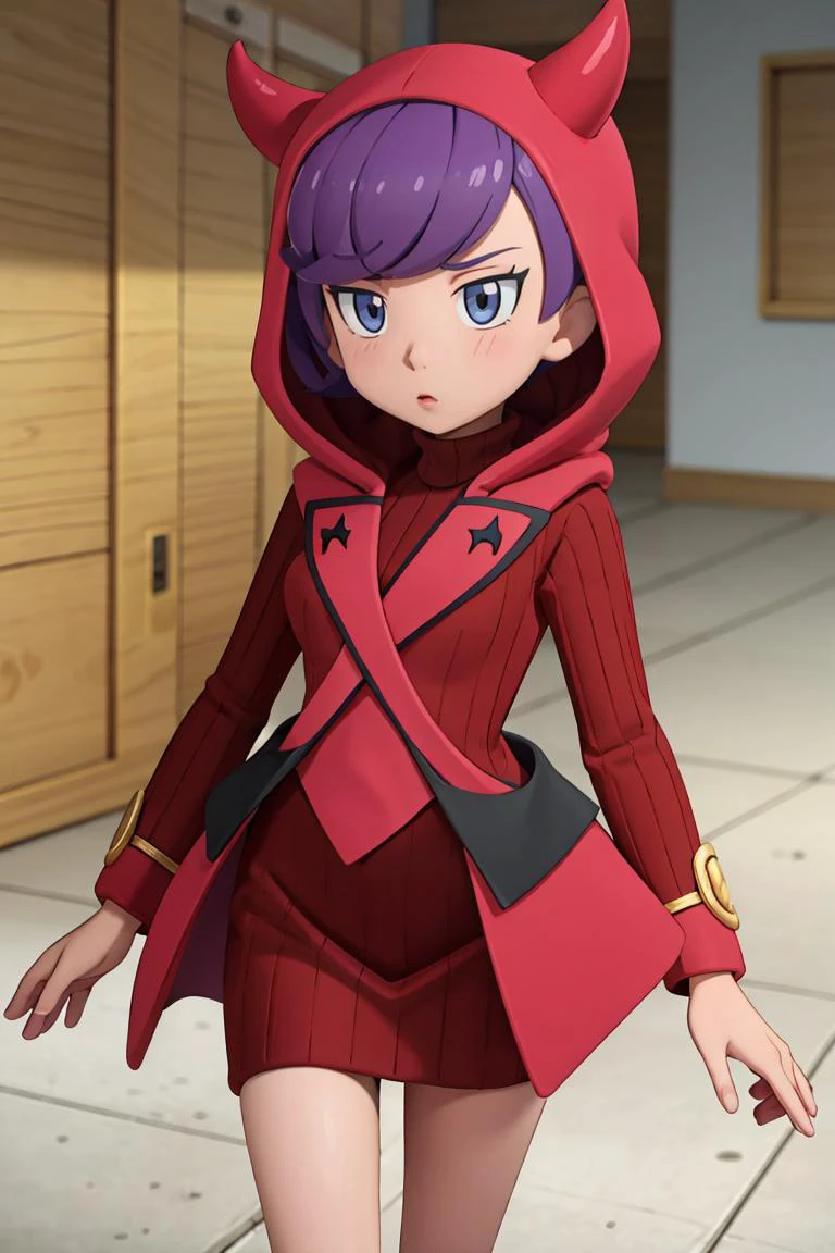 <lora:Alola_Style:0.5>,((masterpiece, best quality)), <lora:CourtneyLora-10:0.7>, courtney \(pokemon\), sweater dress, ribbed dress, hood, fake horns, uniform,