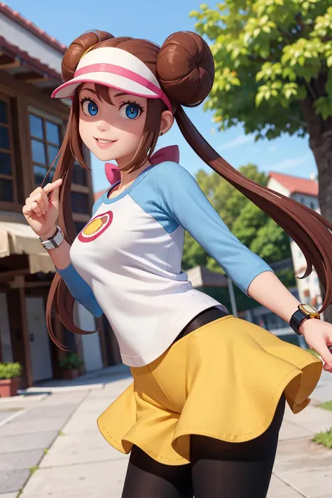 ((masterpiece,best quality)), absurdres, long hair,  <lora:rosa_(pokemon)_v10:0.7>, ro1, hair bun, blue eyes, twintails, visor cap, pantyhose, raglan sleeves, yellow shorts, shirt, pink bow, wristwatch, solo, smiling, looking at viewer, cowboy shot,  ,