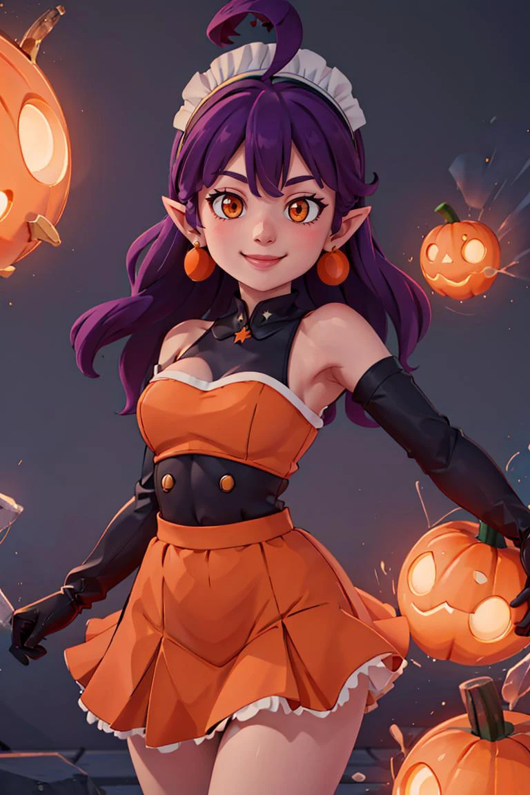 ((masterpiece,best quality)), absurdres, <lora:Stardust_Pumpkins_Citron_OC_Anime:0.8>, Stardust_Pumpkins_Citron_OC, 1girl, solo, long purple hair, orange eyes, ahoge, pointy ears, orange dress, elbow gloves, bare shoulders, maid headdress, jewelry, earrings, solo, smiling, looking at viewer, cowboy shot, , ,