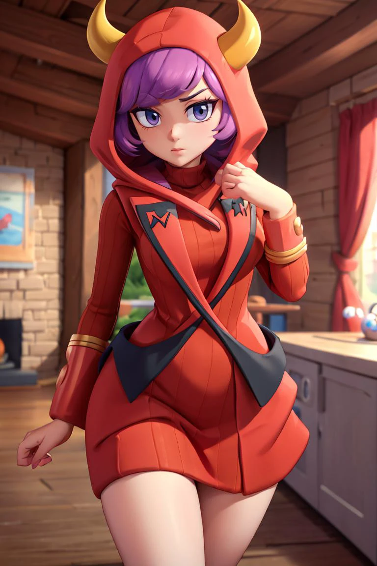 <lora:twistedscarlett60_style:0.8>,((masterpiece, best quality)), <lora:CourtneyLora-10:0.7>, courtney \(pokemon\), sweater dress, ribbed dress, hood, fake horns, uniform,