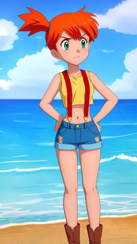 beach,ocean,cloud,shore,blue sky,day,outdoor,sky,<lora:Retro Misty - [Pokemon] - Version 1:0.8>,misty,(groin:1.1),(groin tendon:1.2),suspender shorts,suspenders,1girl,solo,long hair,groin,breasts,short hair,bangs,navel,bare shoulders,closed mouth,green eyes,standing,collarbone,cowboy shot,small breasts,shorts,sleeveless,midriff,orange hair,side ponytail,crop top,v-shaped eyebrows,looking to the side,bare arms,short shorts,eyelashes,sleeveless shirt,frown,looking away,tank top,denim,blue shorts,denim shorts,hands on hips,yellow shirt,hair tie,looking afar,