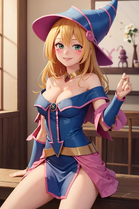 ((masterpiece,best quality)),  absurdres, <lora:dark_magician_girl_v1:0.7>, hmdmg1, wizard hat, blush, blush stickers, cleavage, bare shoulders, dress, off shoulder, solo, smiling, looking at viewer, cowboy shot,