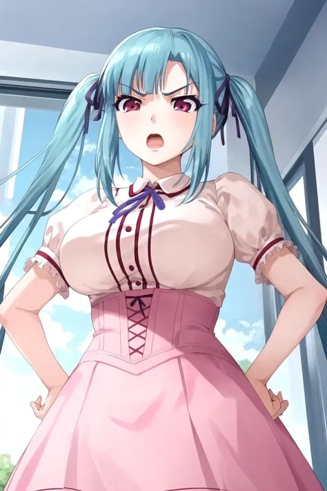 <lora:MiyuTakamine14-000015:0.8> , 1girl, Miyu, twintails, angry, open mouth, standing, hands on hips, looking down, from below, leaning forward, upper body, looking at viewer,