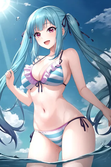 <lora:MiyuTakamine14-000015:0.8> , 1girl,  Miyu, twintails, frilled bikini, highleg swimsuit, frills, beach, light smile, open mouth, hands in hair, water, partially underwater shot, striped bikini, straps, sky,