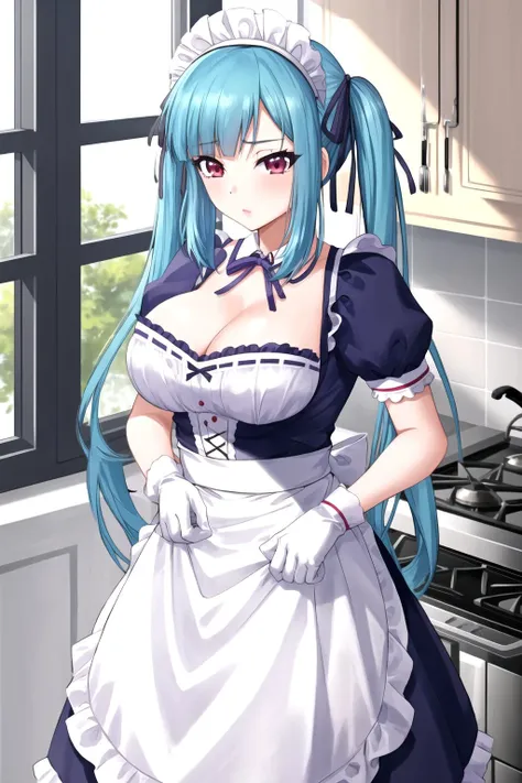 <lora:MiyuTakamine14-000015:0.8> , 1girl, Miyu, twintails, maid uniform , frills, waist apron, maid headdress, white apron, gloves, cleavage, windows, kitchen,
