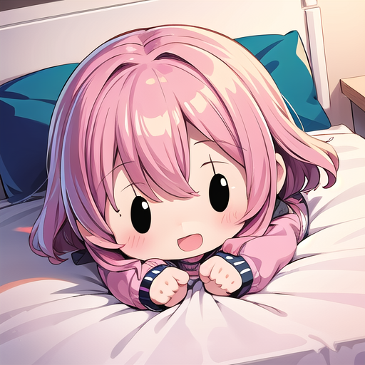 Anime girl laying on bed with pink hair and blue eyes - SeaArt AI