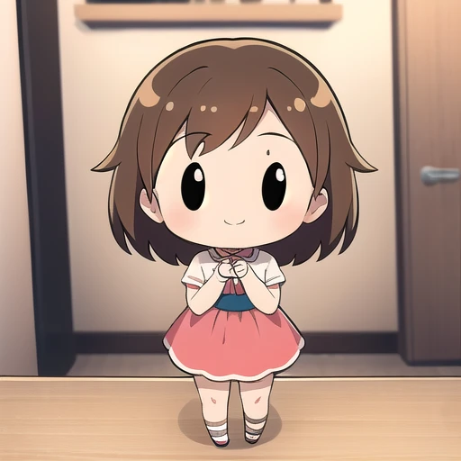 <lora:hotarueye_comic14_v100:1>, 1girl, (chibi:1.4), smile, closed mouth, dynamic angle, standing, , brown hair, indoors