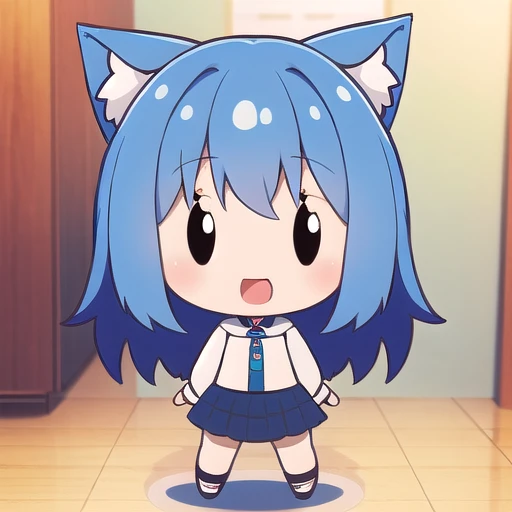 <lora:hotarueye_comic14_v100:1>, 1girl, (chibi:1.4), smile, open mouth, dynamic angle, standing, animal ear, blue hair, indoors