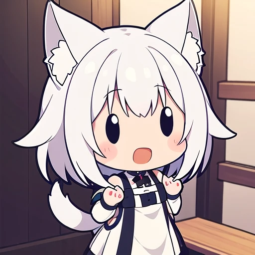 <lora:hotarueye_comic14_v100:1>, 1girl, (chibi:1.4), smile, open mouth, upper body, standing, animal ear, white hair, indoors