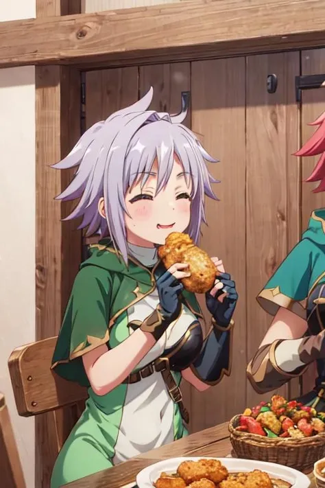 <lora:0011Jsyui:1>,syui,dress,armor,capelet,fingerless gloves,eating,food,KARAAGE,