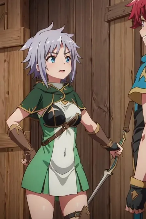 <lora:0011Jsyui:1>,syui,dress,armor,capelet,fingerless gloves,cinematic_angle,bow_(weapon),fighting_stance,