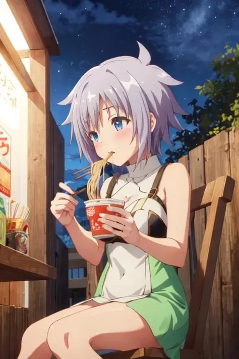 <lora:0011Jsyui:1>,syui,dress,eating nisshin cup noodle,sitting,<lora:ramen_v1.4:0.8>,chopsticks,night,outdoors,