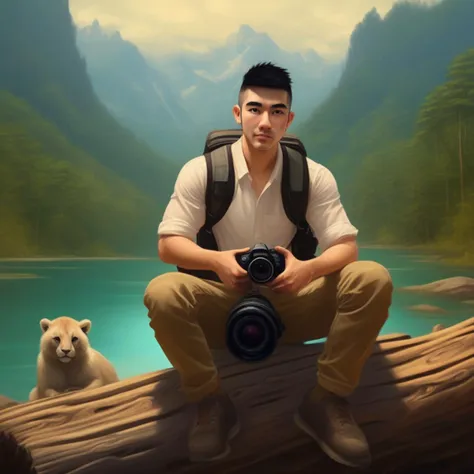 painting of a Luke Teevee man sitting on a log with a camera, animal, inspired by Rudy Siswanto, high quality portrait, digital painting highly detailed, realism artstyle, cyril rolando and goro fujita, by Rudy Siswanto, realism art, enviromental portrait, (looking at viewer), traditional art, background mountain, inspired by Jeremy Chong, inspired by Jason Chan