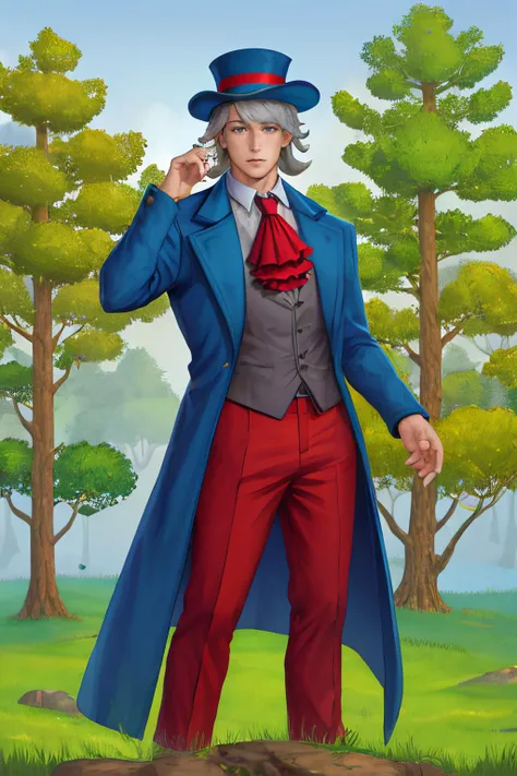 masterpiece, best quality, 1boy, solo, standing, travelingmerchant, <lora:Traveling Merchant:0.8> hat, coat, red pants, ascot, grey hair, <lora:background-terraria-richy-v1:1> field, blue sky, forest, trees