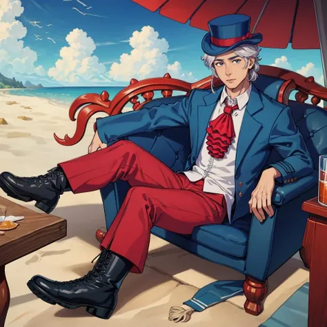 masterpiece, best quality, 1boy, solo, looking at viewer, <lora:Traveling Merchant:1>, travelingmerchant, hat, coat, red pants, ascot, boots, sitting, beach,