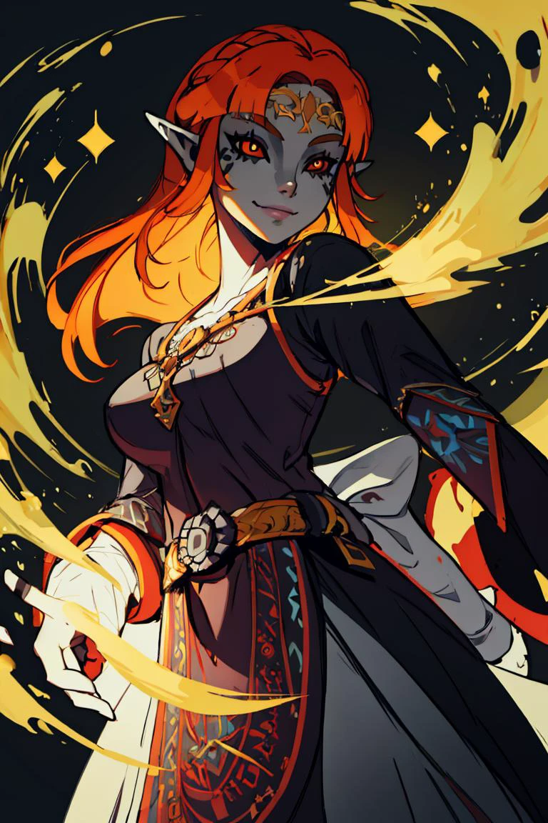 ((masterpiece,best quality)), <lora:Twilight_Theme_Zelda_Anime:0.6>, (Twilight_Theme_Zelda), glow, glowing, green glow, dark skin, grey skin, glowing tattoo, pointy ears, red eyes, orange hair, long hair, yellow sclera, <lora:princess_zelda:1> princess zelda, 1girl, bangs, breasts, bridal gauntlets, closed mouth, smile, highres, jewelry, long hair, long sleeves