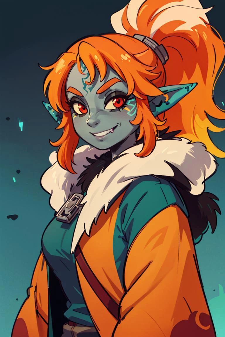((masterpiece,best quality)),
<lora:Twilight_Theme_Zelda_Anime:0.8>, (Twilight_Theme_Zelda), glow, glowing, green glow, dark skin, grey skin, glowing tattoo, pointy ears,
1girl, smile, red eyes, orange hair, yellow sclera,
smug, (fur coat:1.5), cowboy shot,