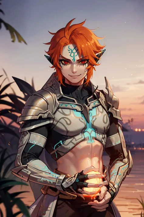 ((masterpiece,best quality)),
<lora:Twilight_Theme_Zelda_Anime:0.8>, (Twilight_Theme_Zelda), glow, glowing, green glow, dark skin, grey skin, glowing tattoo, pointy ears,
1boy, male focus, smile, red eyes, orange hair,  yellow sclera, 
smug, shiny metal, fingerless gloves, armor,  shoulder armor, gauntlets, cowboy shot,