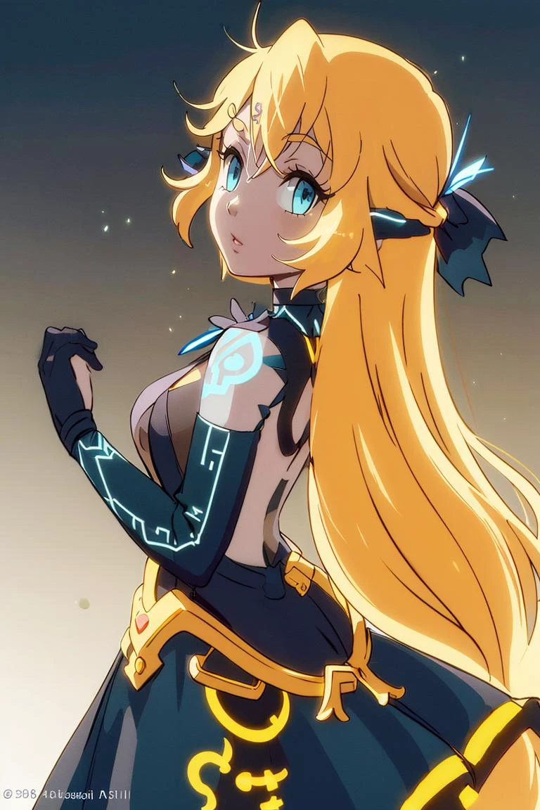 <lora:noelia_ponce_style:0.8>,((masterpiece,best quality)), <lora:Twilight_Theme_Zelda_Anime:0.8>, (Twilight_Theme_Zelda), glow, glowing, green glow, dark skin, grey skin,( glowing tattoo:1.1), 1girl, blue eyes, very long hair, blonde hair, long blonde hair, french braid, bangs, medium breasts, hair ribbon, frilled choker, criss-cross halter, black dress, sleeveless dress, high-waist skirt, backless dress, waist bow, detached sleeves, frilled sleeves,