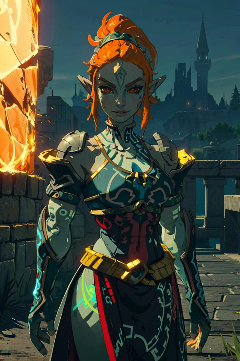 ((masterpiece,best quality)), <lora:Twilight_Theme_Zelda_Anime:0.8>, (Twilight_Theme_Zelda), glow, glowing, green glow, dark skin, grey skin, glowing tattoo, pointy ears, <lora:botw_style_offset:0.8> 1boy, male focus, muscular, smile, red eyes, orange hair, yellow sclera, smug, shiny metal, fingerless gloves, armor, shoulder armor, gauntlets, cowboy shot,