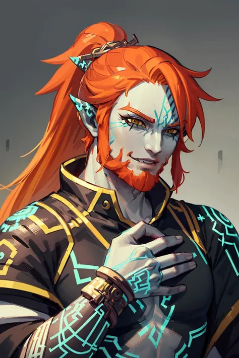((masterpiece,best quality)),
<lora:Twilight_Theme_Zelda_Anime:0.8>, (Twilight_Theme_Zelda), glow, glowing, green glow, dark skin, grey skin, glowing tattoo, pointy ears,
long hair, 1boy, upper body, ponytail, weapon, male focus, orange hair, facial hair, hand on own chest, beard, yellow sclera, smile,