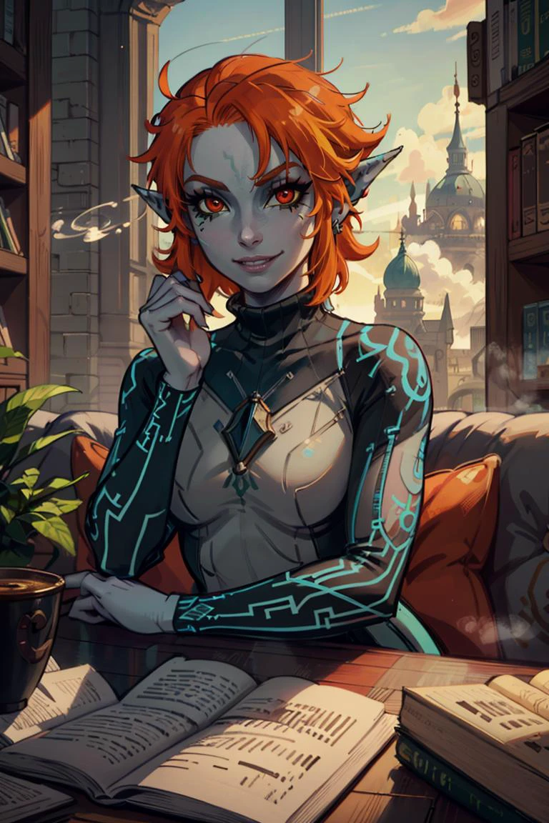 ((masterpiece,best quality)), <lora:Twilight_Theme_Zelda_Anime:0.8>, (Twilight_Theme_Zelda), glow, glowing, green glow, dark skin, grey skin, glowing tattoo, pointy ears, 1girl, spiky hair, smile, red eyes, sitting, cowboy shot, , orange hair, yellow sclera, turtleneck sweater, earrings, library, cup of steaming coffee