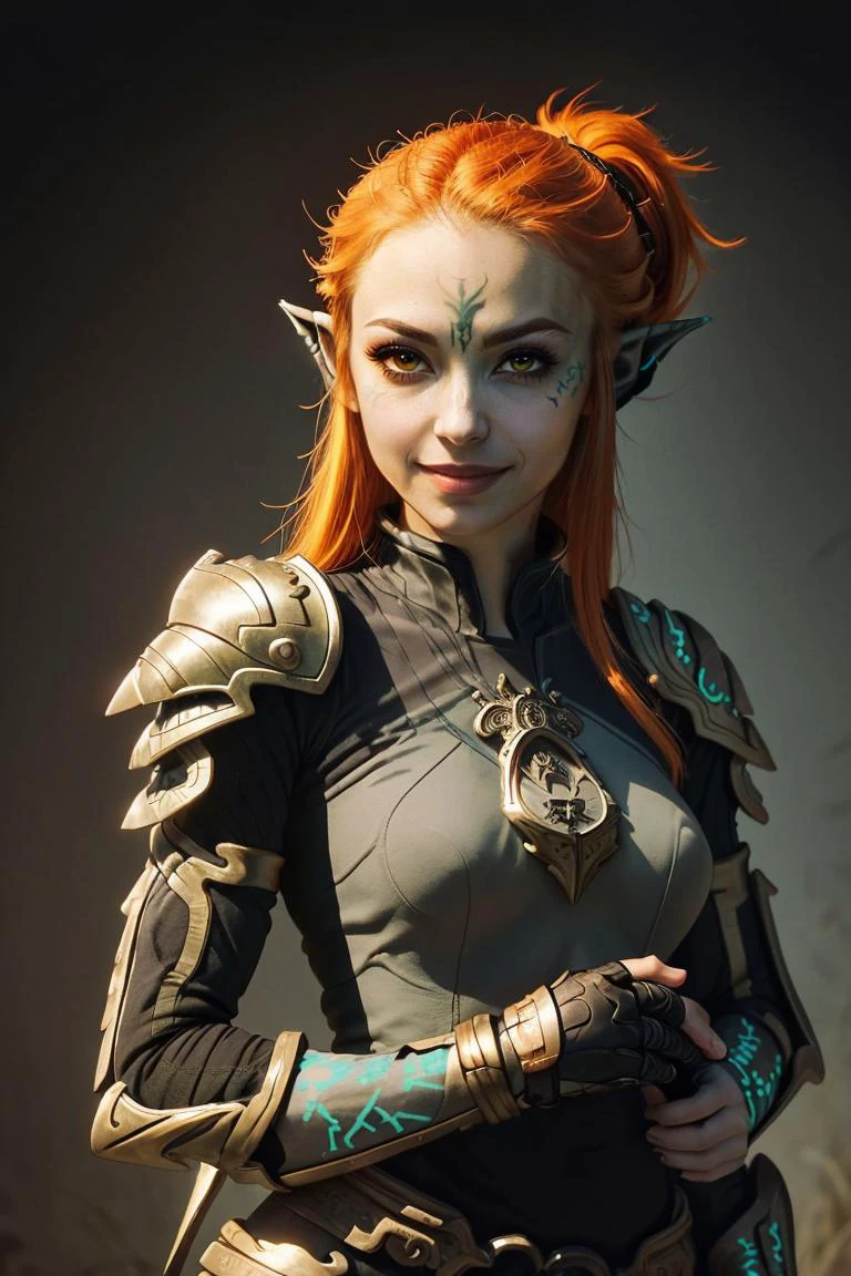 ((masterpiece,best quality)), <lora:Twilight_Theme_Zelda_Anime:0.8>, (Twilight_Theme_Zelda), glow, glowing, green glow, dark skin, grey skin, glowing tattoo, pointy ears, 1girl, smile, red eyes, orange hair, yellow sclera, smug, shiny metal, fingerless gloves, armor, shoulder armor, gauntlets