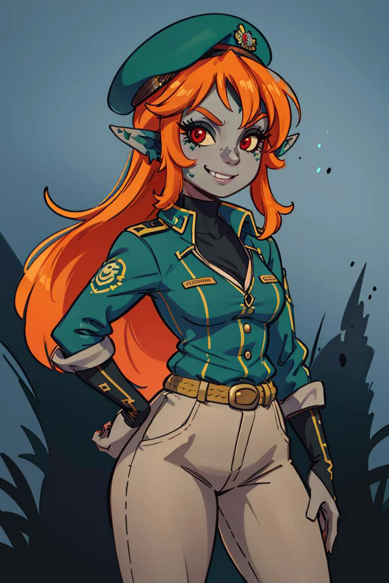 ((masterpiece,best quality)),
<lora:Twilight_Theme_Zelda_Anime:0.8>, (Twilight_Theme_Zelda), glow, glowing, green glow, dark skin, grey skin, glowing tattoo, pointy ears,
1girl, smile, red eyes, orange hair, yellow sclera,
smug, military uniform, military, soldier, belt, green pants, beret, brown jacket, world war ii, war, military vehicle, battlefield, battle, dust