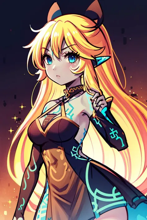 <lora:Gamma:0.8>,((masterpiece,best quality)), <lora:Twilight_Theme_Zelda_Anime:0.8>, (Twilight_Theme_Zelda), glow, glowing, green glow, dark skin, grey skin,( glowing tattoo:1.1), 1girl, blue eyes, very long hair, blonde hair, long blonde hair, french braid, bangs, medium breasts, hair ribbon, frilled choker, criss-cross halter, black dress, sleeveless dress, high-waist skirt, backless dress, waist bow, detached sleeves, frilled sleeves,