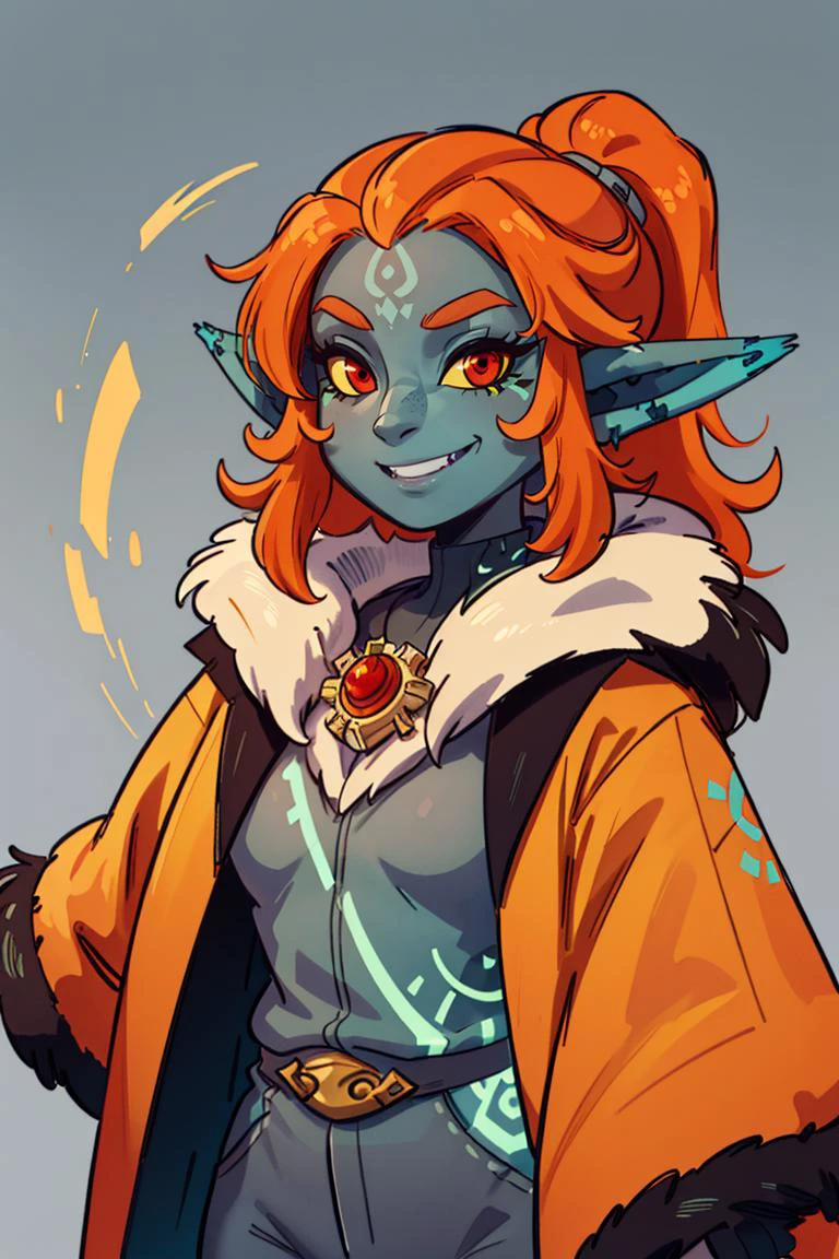 ((masterpiece,best quality)),
<lora:Twilight_Theme_Zelda_Anime:0.8>, (Twilight_Theme_Zelda), glow, glowing, green glow, dark skin, grey skin, glowing tattoo, pointy ears,
1girl, smile, red eyes, orange hair, yellow sclera,
smug, (fur coat:1.5), cowboy shot,