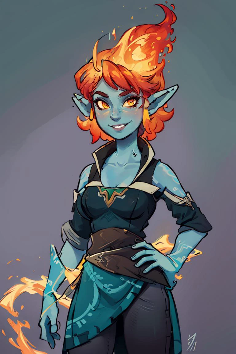 ((masterpiece,best quality)), absurdres, <lora:Fiery_Hair:0.8>, Fiery_Hair, fiery hair, glowing, 1girl, smile, smug, grin, hand on hip, contrapposto, solo, smiling, looking at viewer, cowboy shot, <lora:Twilight_Theme_Zelda_Anime:0.6>, (Twilight_Theme_Zelda), glow, glowing, green glow, dark skin, grey skin, green tattoo, pointy ears,looking at viewer, upper body, portrait,