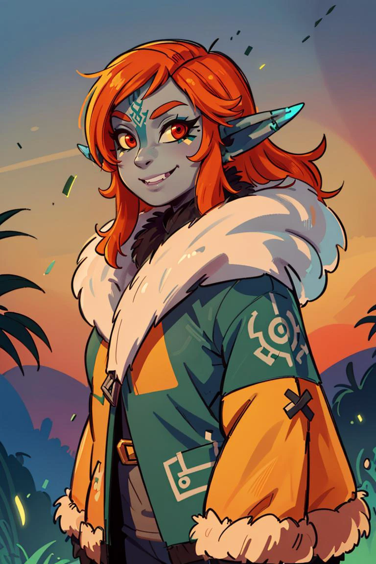 ((masterpiece,best quality)),
<lora:Twilight_Theme_Zelda_Anime:0.8>, (Twilight_Theme_Zelda), glow, glowing, green glow, dark skin, grey skin, glowing tattoo, pointy ears,
1girl, smile, red eyes, orange hair, yellow sclera,
smug, (fur coat:1.5), cowboy shot,