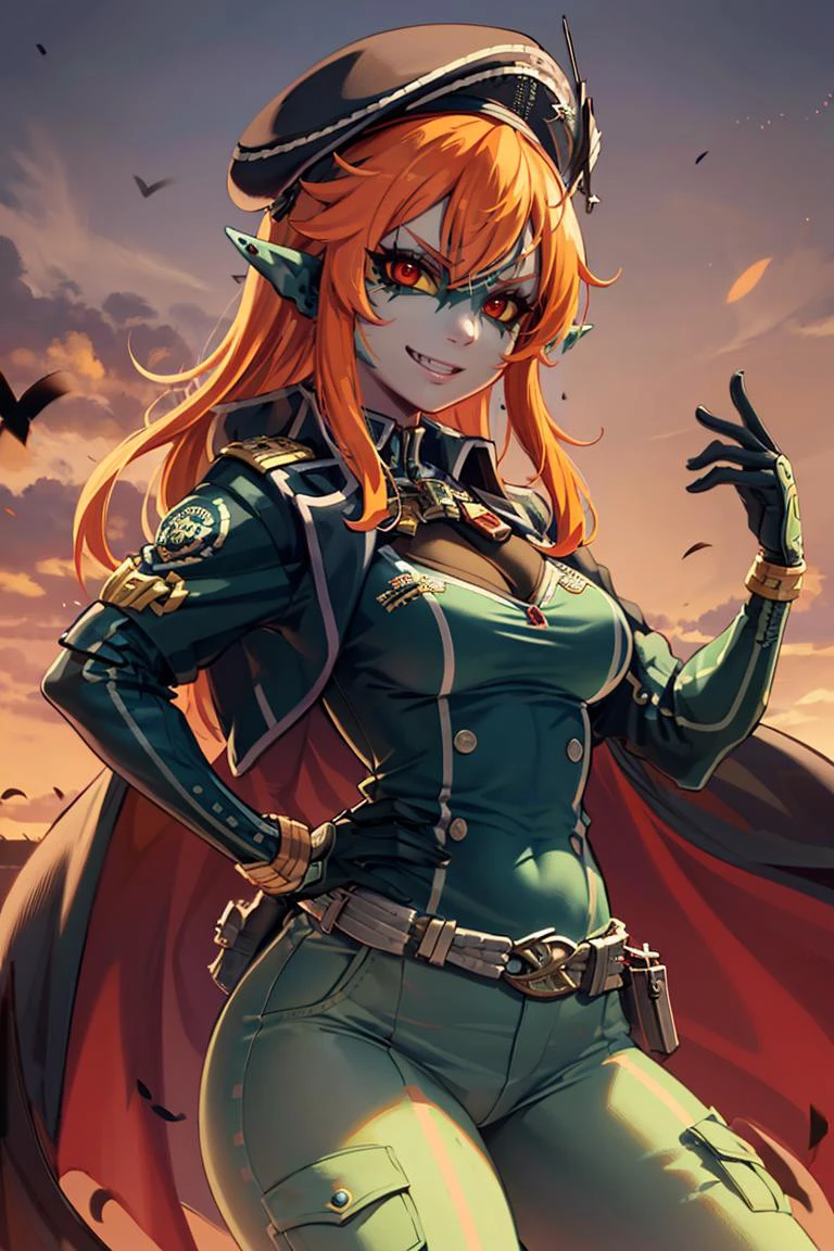 ((masterpiece,best quality)),
<lora:Twilight_Theme_Zelda_Anime:0.8>, (Twilight_Theme_Zelda), glow, glowing, green glow, dark skin, grey skin, glowing tattoo, pointy ears,
1girl, smile, red eyes, orange hair, yellow sclera,
smug, military uniform, military, soldier, belt, green pants, beret, brown jacket, world war ii, war, military vehicle, battlefield, battle, dust
