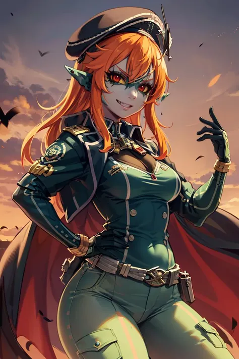 ((masterpiece,best quality)),
<lora:Twilight_Theme_Zelda_Anime:0.8>, (Twilight_Theme_Zelda), glow, glowing, green glow, dark skin, grey skin, glowing tattoo, pointy ears,
1girl, smile, red eyes, orange hair, yellow sclera,
smug, military uniform, military, soldier, belt, green pants, beret, brown jacket, world war ii, war, military vehicle, battlefield, battle, dust