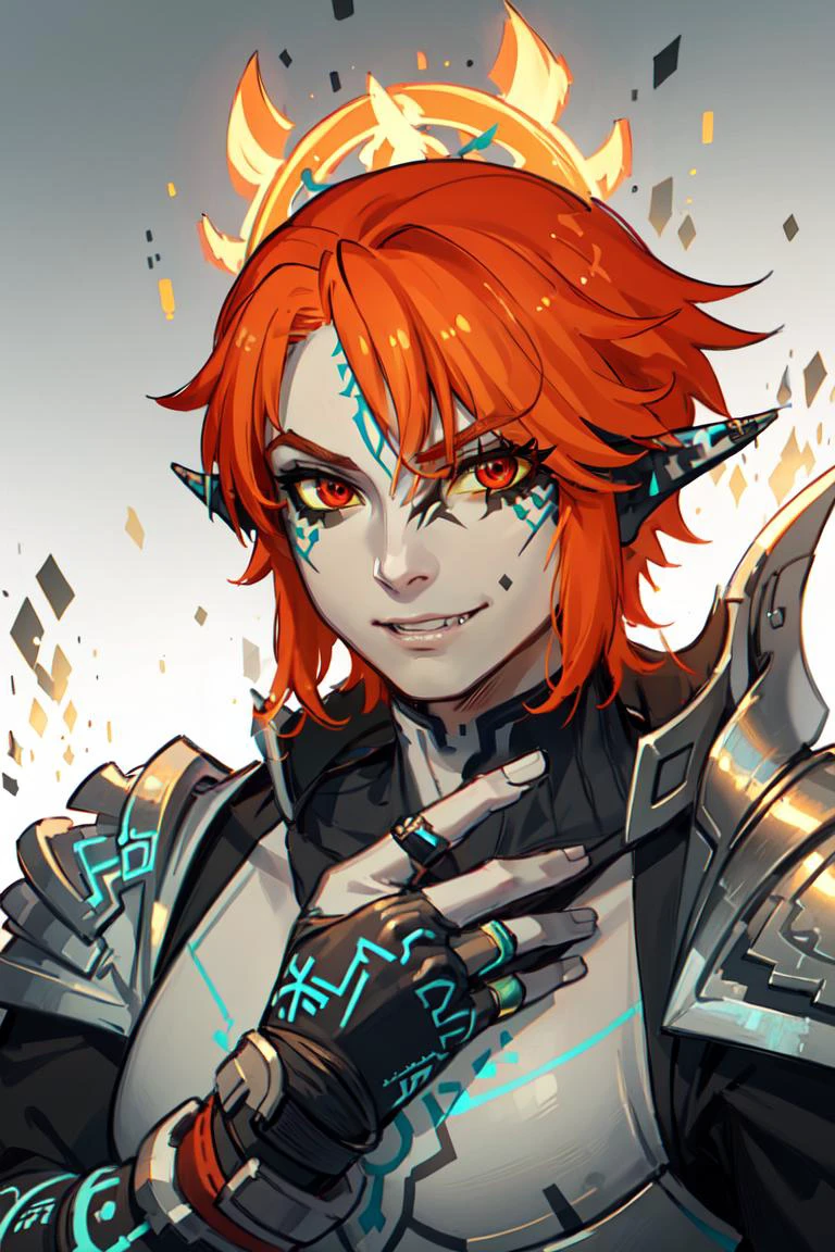 ((masterpiece,best quality)), <lora:Twilight_Theme_Zelda_Anime:0.8>, (Twilight_Theme_Zelda), glow, glowing, green glow, dark skin, grey skin, glowing tattoo, pointy ears, 1boy, male focus, muscular, smile, red eyes, orange hair, yellow sclera, smug, shiny metal, fingerless gloves, armor, shoulder armor, gauntlets