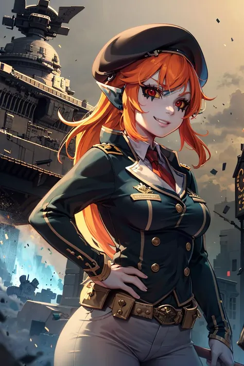 ((masterpiece,best quality)),
<lora:Twilight_Theme_Zelda_Anime:0.8>, (Twilight_Theme_Zelda), glow, glowing, green glow, dark skin, grey skin, glowing tattoo, pointy ears,
1girl, smile, red eyes, orange hair,  yellow sclera, 
smug, military uniform, military, soldier, belt, pants, beret, brown jacket, world war ii, war, military vehicle, battlefield, battle, dust,