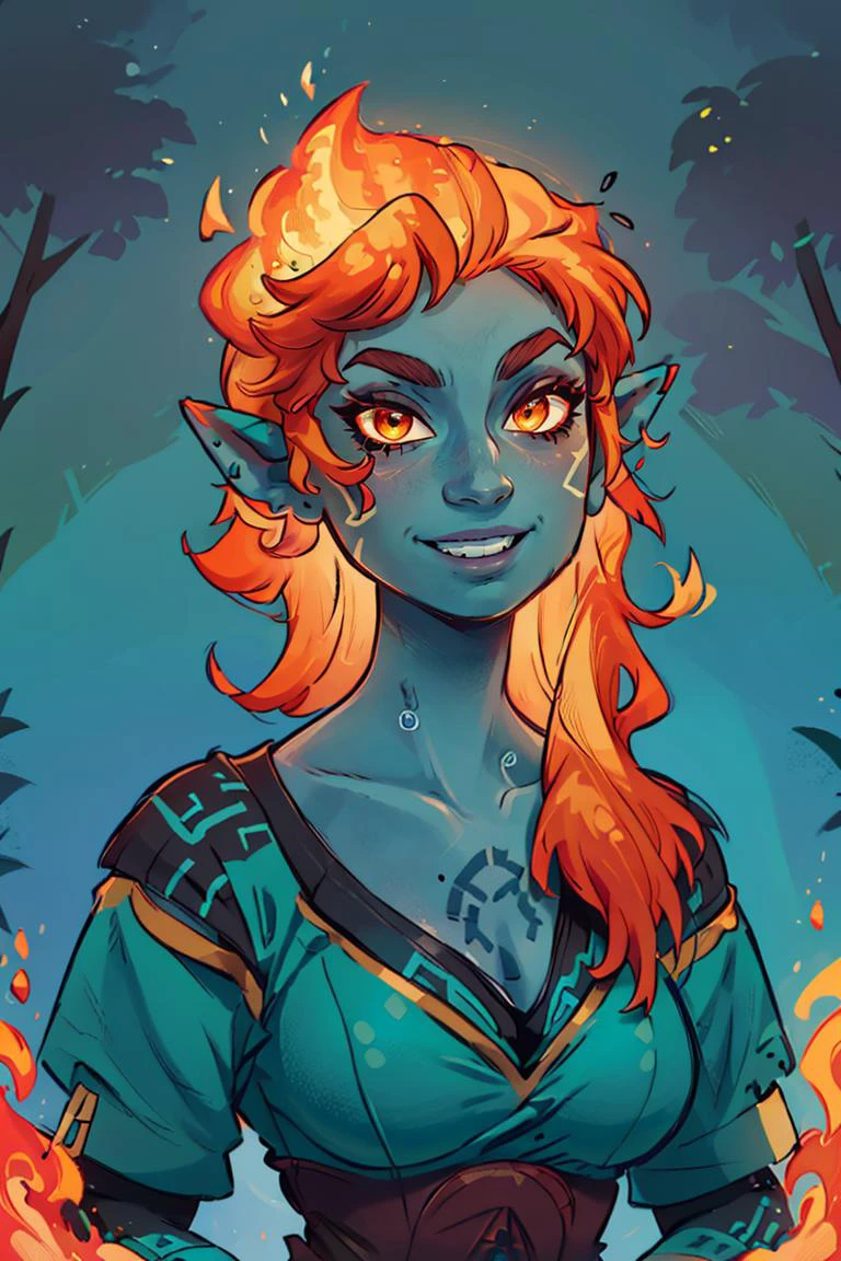 ((masterpiece,best quality)), absurdres, <lora:Fiery_Hair:0.8>, Fiery_Hair, fiery hair, glowing, 1girl, solo, smiling, looking at viewer, cowboy shot, <lora:Twilight_Theme_Zelda_Anime:0.6>, (Twilight_Theme_Zelda), glow, glowing, green glow, dark skin, grey skin, green tattoo, pointy ears,looking at viewer, upper body, portrait,