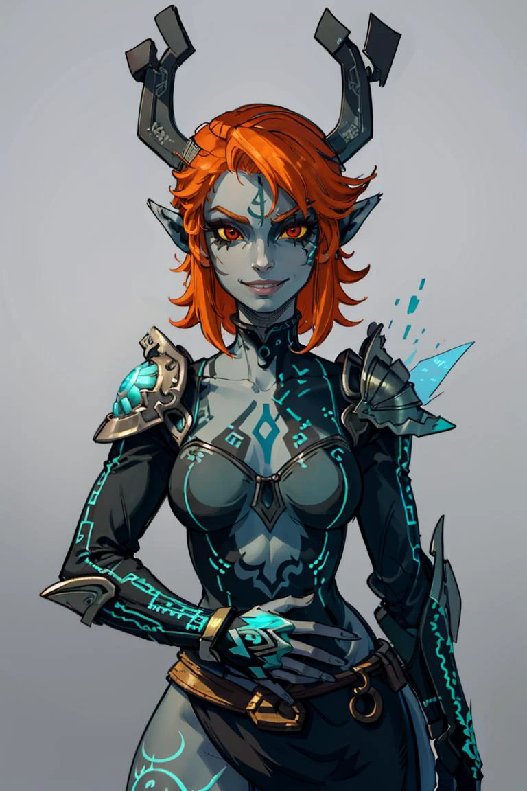 ((masterpiece,best quality)), <lora:Twilight_Theme_Zelda_Anime:0.8>, (Twilight_Theme_Zelda), glow, glowing, green glow, dark skin, grey skin, glowing tattoo, pointy ears, 1girl, smile, red eyes, orange hair, yellow sclera, smug, shiny metal, fingerless gloves, armor, shoulder armor, gauntlets