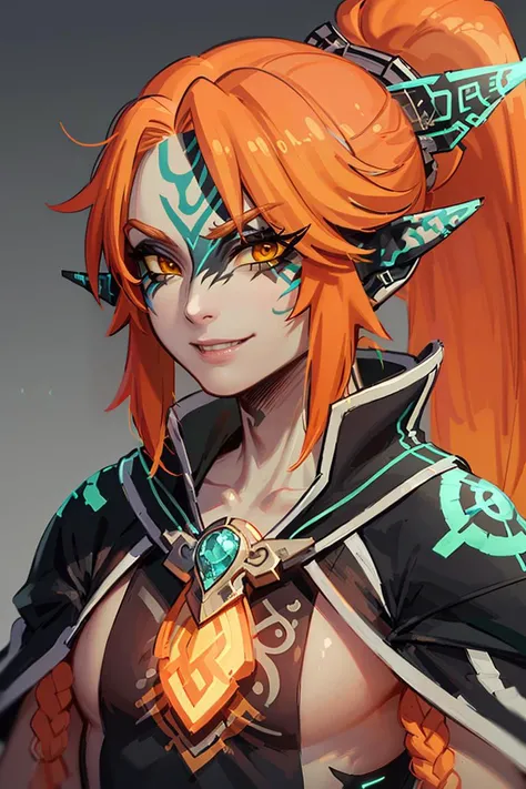 ((masterpiece,best quality)),
<lora:Twilight_Theme_Zelda_Anime:0.8>, (Twilight_Theme_Zelda), glow, glowing, green glow, dark skin, grey skin, glowing tattoo, pointy ears,
long hair, 1boy, upper body, ponytail, weapon, male focus, orange hair, yellow sclera, smile,