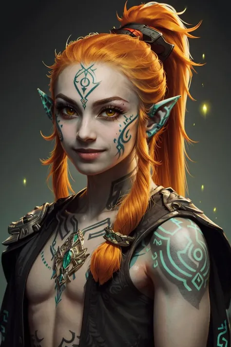 ((masterpiece,best quality)), <lora:Twilight_Theme_Zelda_Anime:0.8>, (Twilight_Theme_Zelda), glow, glowing, green glow, dark skin, grey skin, glowing tattoo, pointy ears, long hair, 1boy, upper body, ponytail, weapon, male focus, orange hair, yellow sclera, smile,