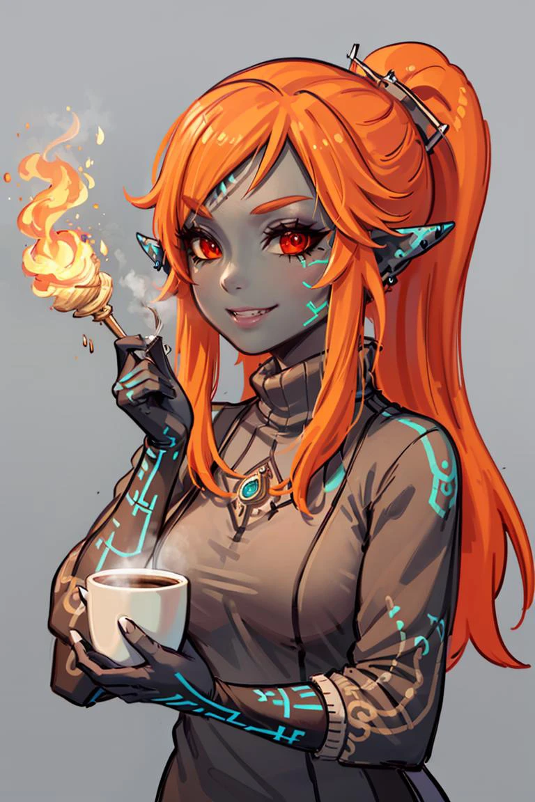 ((masterpiece,best quality)),
<lora:Twilight_Theme_Zelda_Anime:0.8>, (Twilight_Theme_Zelda), glow, glowing, green glow, dark skin, grey skin, glowing tattoo, pointy ears,
1girl, smile, red eyes, grey background, orange hair,  yellow sclera, 
turtleneck sweater, earrings, library, cup of steaming coffee,