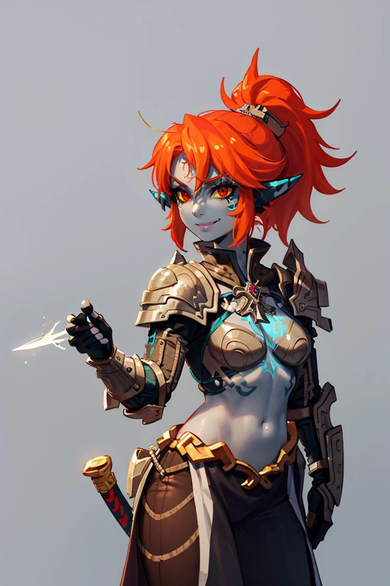 ((masterpiece,best quality)),
<lora:Twilight_Theme_Zelda_Anime:0.8>, (Twilight_Theme_Zelda), glow, glowing, green glow, dark skin, grey skin, glowing tattoo, pointy ears,
1girl, smile, red eyes, orange hair, yellow sclera,
smug, shiny metal, sword, fingerless gloves, holding weapon, armor, holding sword, shoulder armor, gauntlets